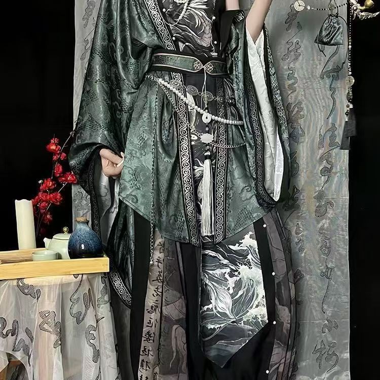 中国漢服歌風セット - プリントトップパンツ＆黒緑色のアウタ - Echinacea のレビューと価格