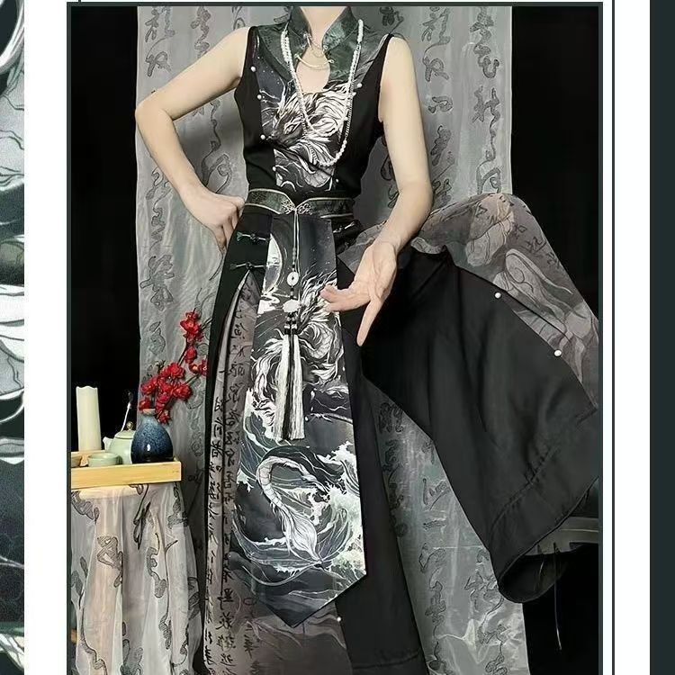 中国漢服歌風セット - プリントトップパンツ＆黒緑色のアウタ - Echinacea のレビューと価格